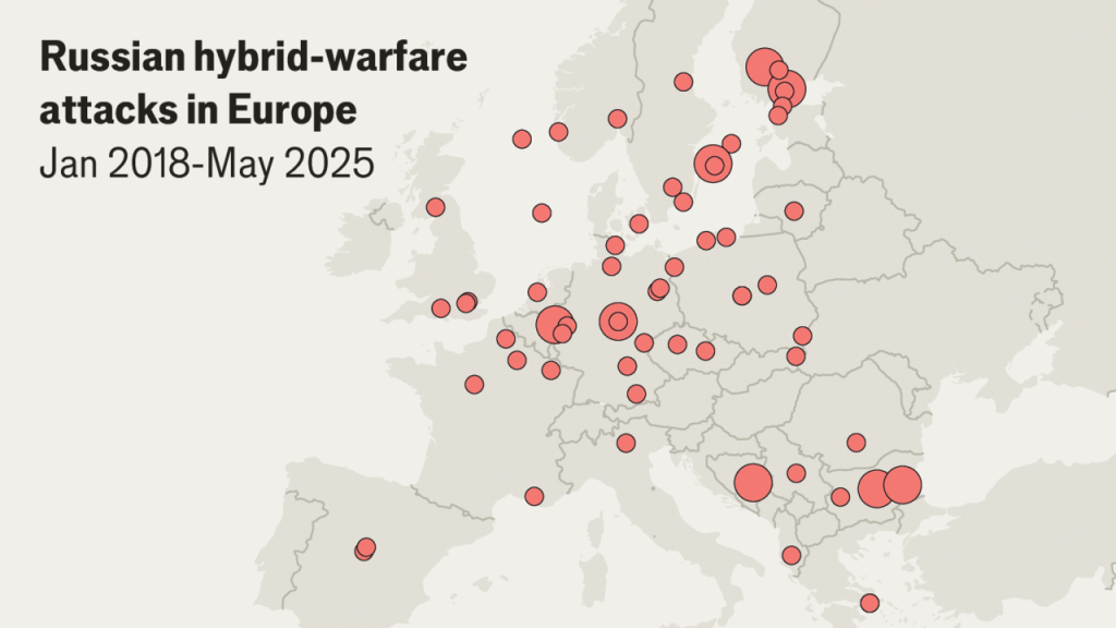 Rusijos hibridinio karo atakų žemėlapis 2025 metais. Grafiko šaltinis: theeconomist.com. Rusijos diversija