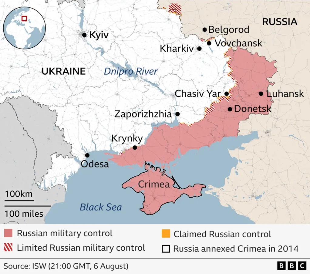 Europos lyderiai aiškiai pasisako apie Ukrainos sienas. Dabartinis Ukrainos žemėlapis. Šaltinis: bbc.com