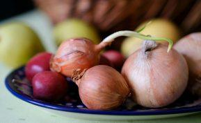 Susmulkinkite svogūną, obuolį ir įpilkite citrinos sulčių