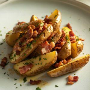 Orkaitėje keptos bulvės su medumi ir šonine