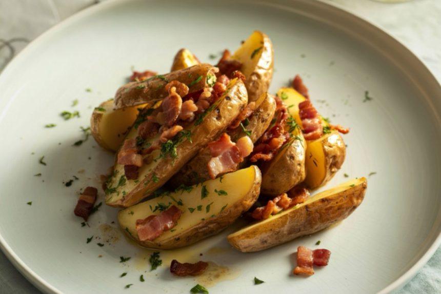 Orkaitėje keptos bulvės su medumi ir šonine