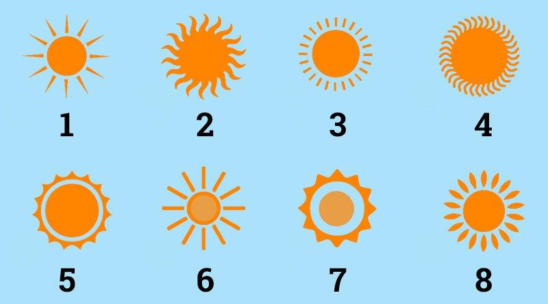 Išsirinkite sau labiausiai patinkančią saulę! Atsakymas padės sužinoti savo charakterio bruožus. Testo nuotrauka. Testas