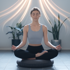 Rami moteris medituoja sėdėdama su užmerkintomis akimis, parodant meditacijos praktiką