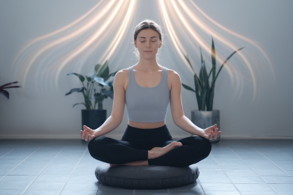 Rami moteris medituoja sėdėdama su užmerkintomis akimis, parodant meditacijos praktiką