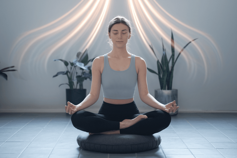 Rami moteris medituoja sėdėdama su užmerkintomis akimis, parodant meditacijos praktiką