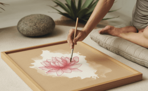 Žmogus piešia ant Buddha Board lentutės vandens teptuku, sukurdamas laikinąjį meną