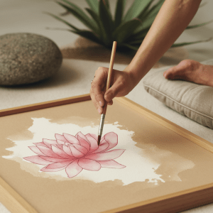 Žmogus piešia ant Buddha Board lentutės vandens teptuku, sukurdamas laikinąjį meną