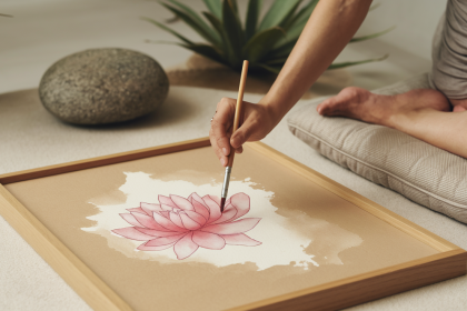 Žmogus piešia ant Buddha Board lentutės vandens teptuku, sukurdamas laikinąjį meną