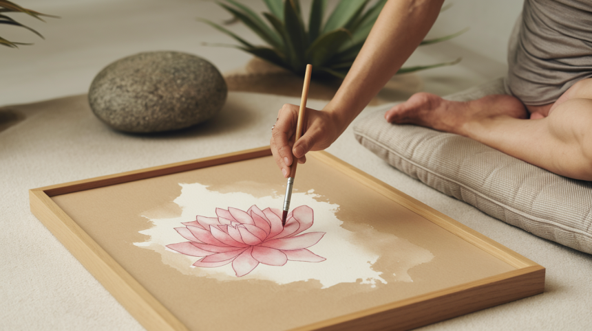 Žmogus piešia ant Buddha Board lentutės vandens teptuku, sukurdamas laikinąjį meną