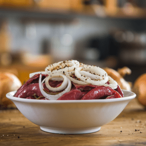 Kepenėlių salotos su marinuotais svogūnais - sotus vakarienės receptas