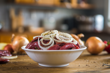 Kepenėlių salotos su marinuotais svogūnais - sotus vakarienės receptas