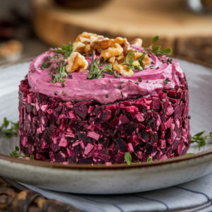 Burokėlių salotos su baklažanų padažu - receptas be majonezo