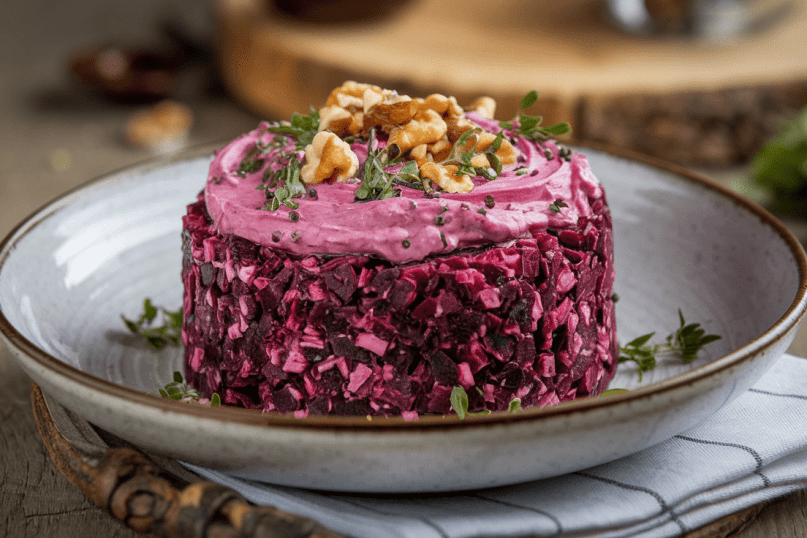 Burokėlių salotos su baklažanų padažu - receptas be majonezo