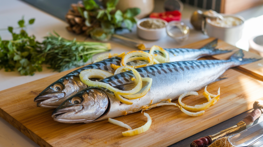 Skumbrė su svogūnais namie - gardus receptas su natūraliu marinatu