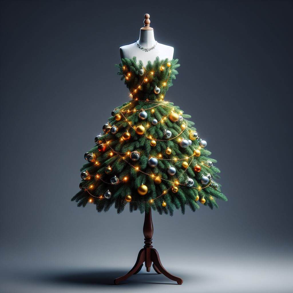 Pilnai užbaigta suknelės formos kalėdinė eglė