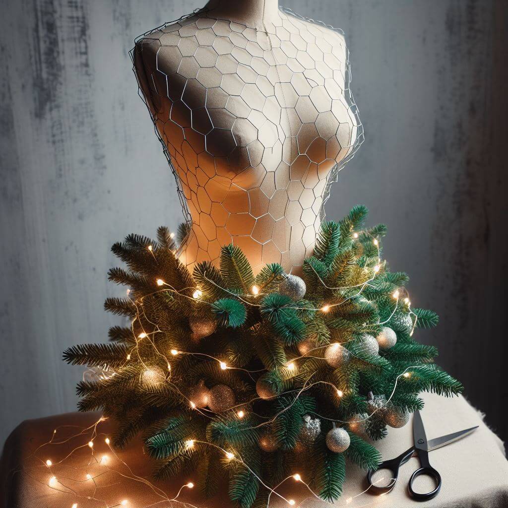 Suknelės formos kalėdinės eglės pradinis etapas ant manekeno