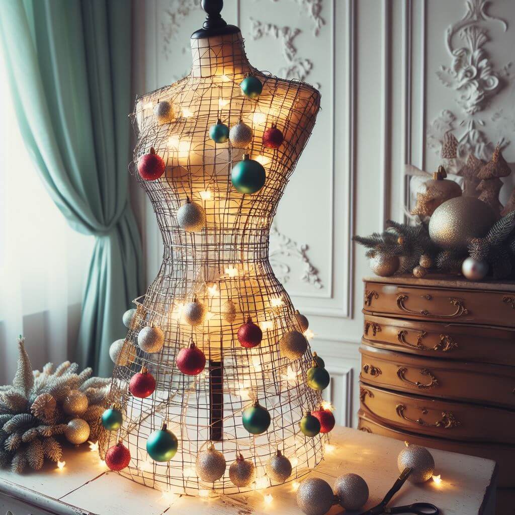 Suknelės formos kalėdinė eglė su žaisliukais ir dekoru