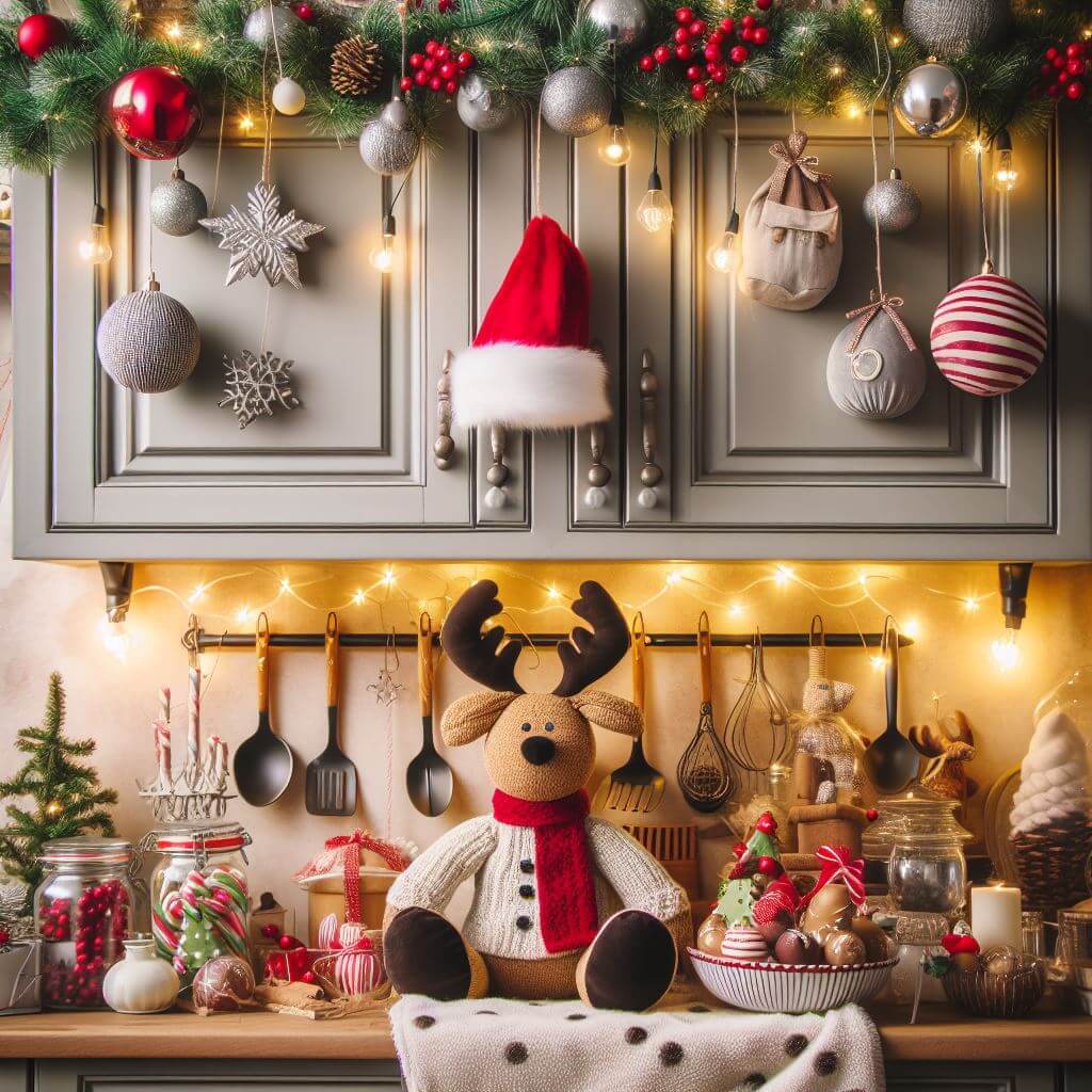 Kalėdinės lemputės virš virtuvės spintelių